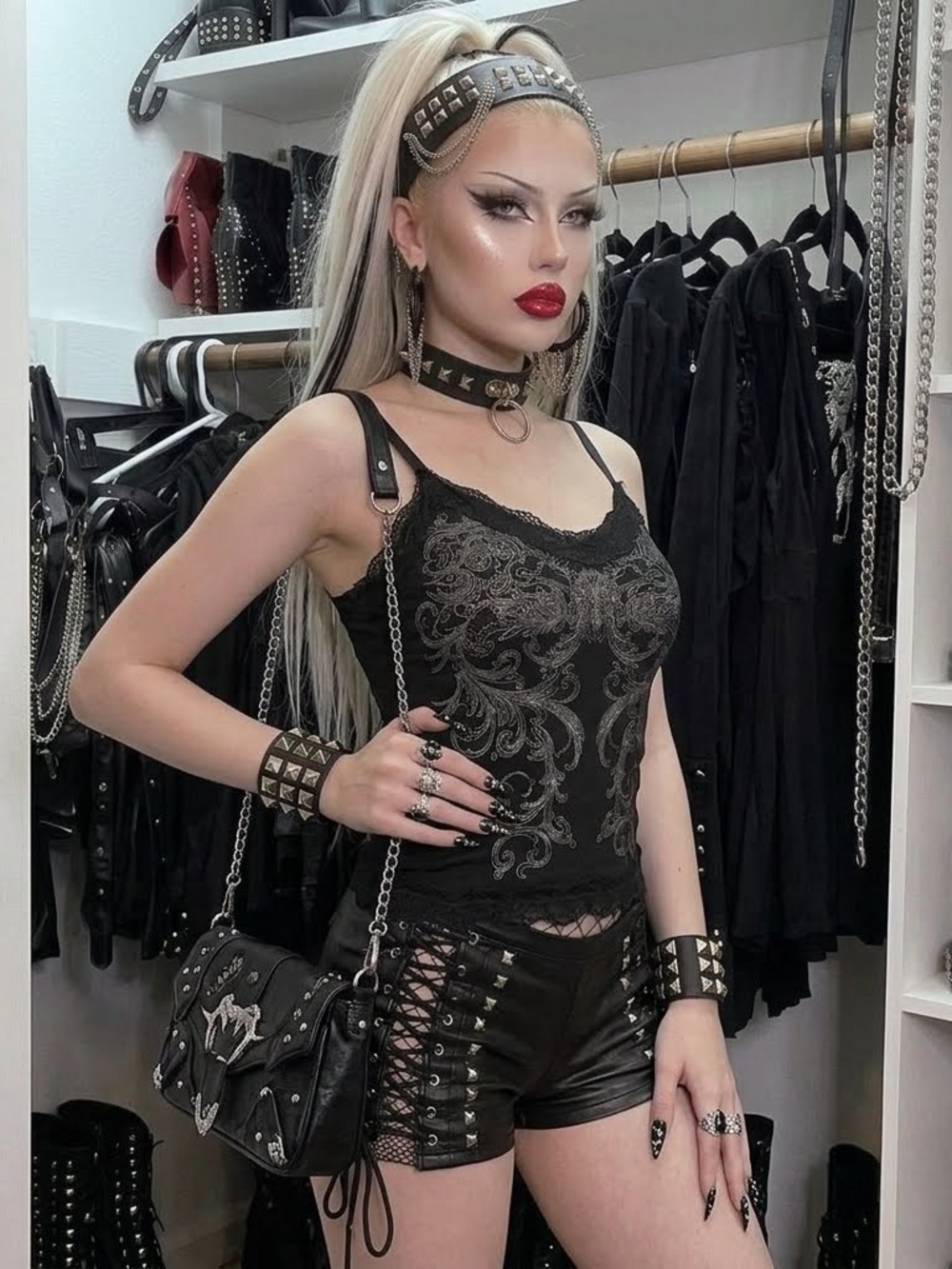 Dolls Kill Black Lace-Trim Dragon Print Cami - Picture 2 of 8